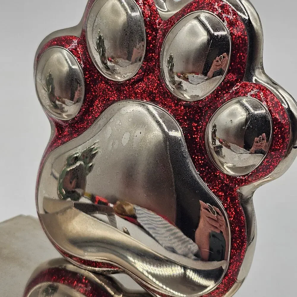 Set of 2 Silver Metal Paw Print Stocking Holder Sparkly Red and Green Christmas